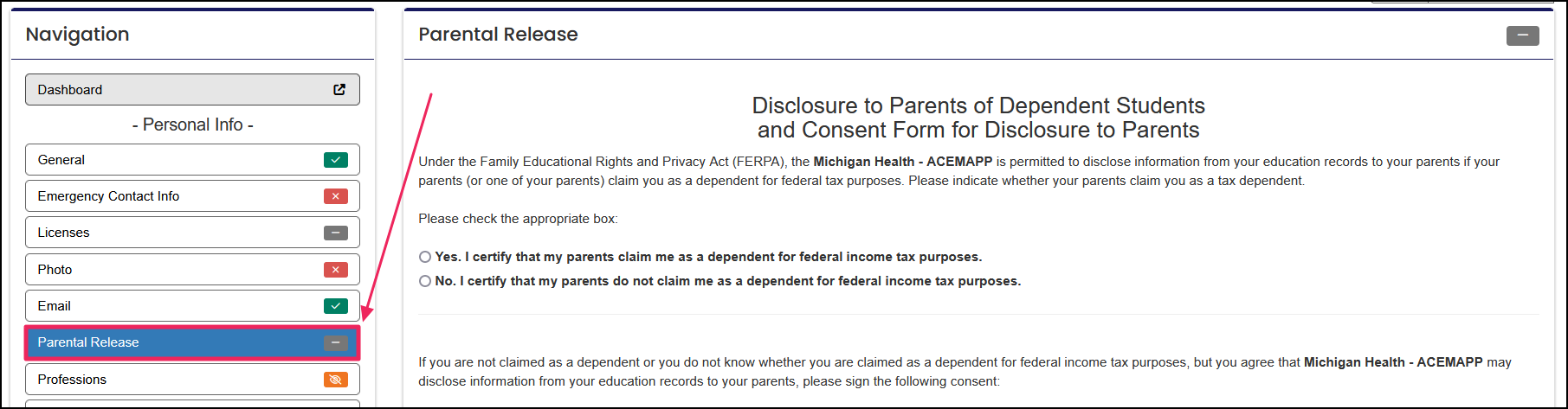 Parent Release form highlighting Parental Release button