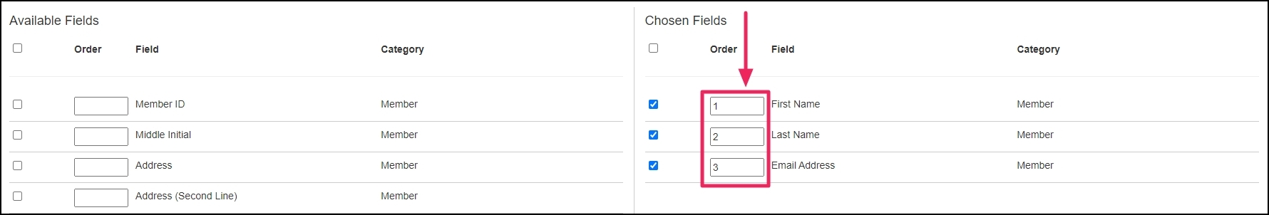 Image of fields in the chosen fields column with an arrow pointing to the field number in the order column