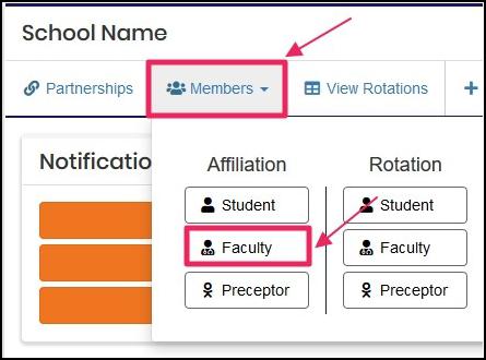 image pointing to Members tab and faculty tab under Affiliation column on dropdown from school user dashboard