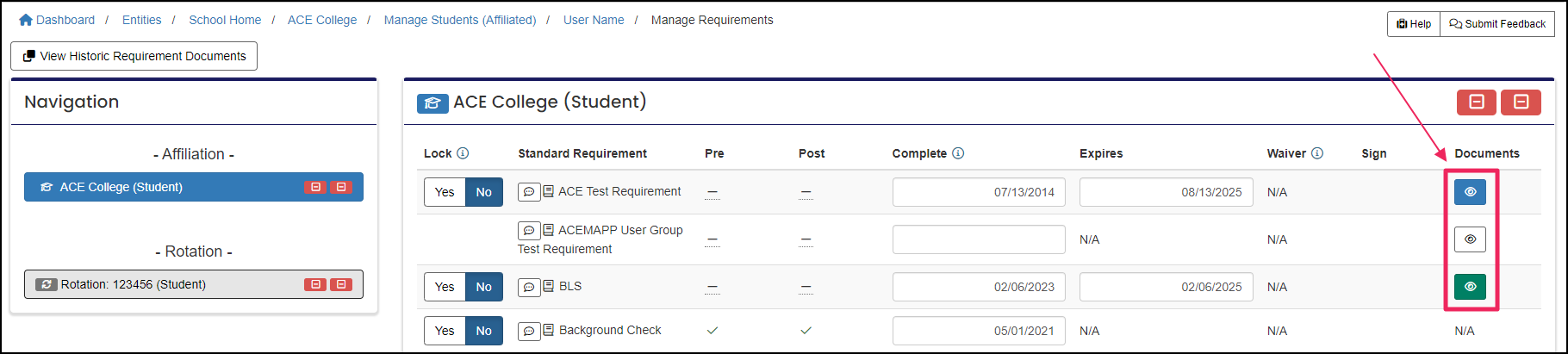 Image shows requirements page highlighting document view buttons.