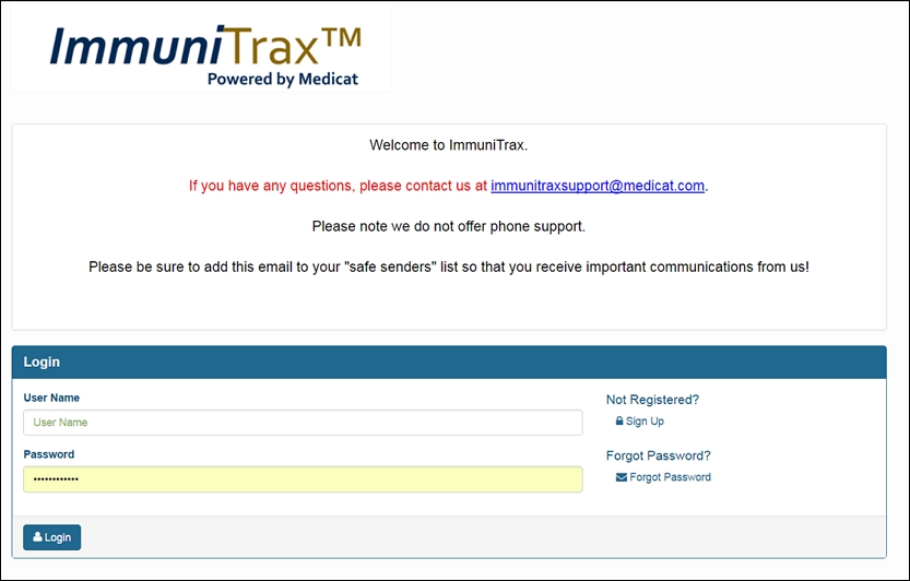 screenshot of the immunitrax login page