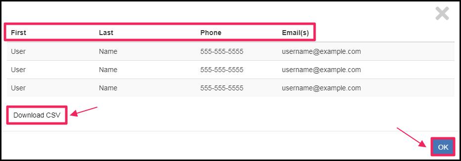 Image highlighting first, last, phone, email(s) column and pointing the download CSV button and the ok button