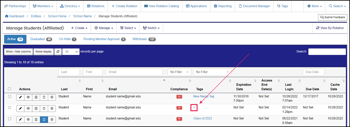 Image shows manage students table pointing to add tag
