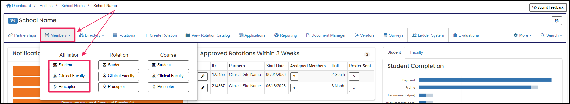 Image shows member tab and affiliation column