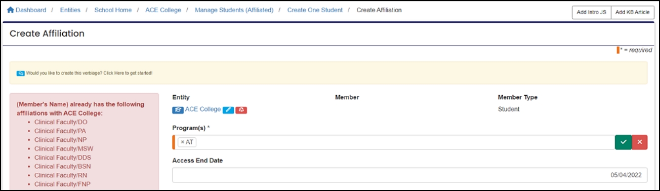 image shows create affiliation page