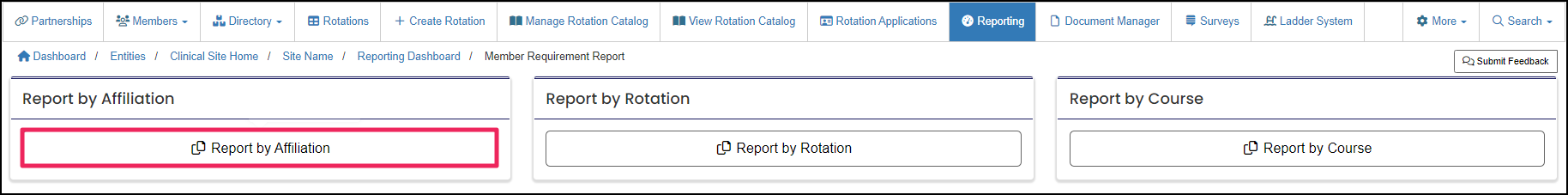 report filters highlighting Report by Affiliation button