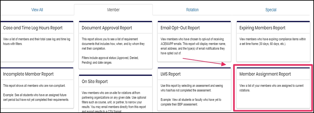 image shows Member Assignment Report under Members