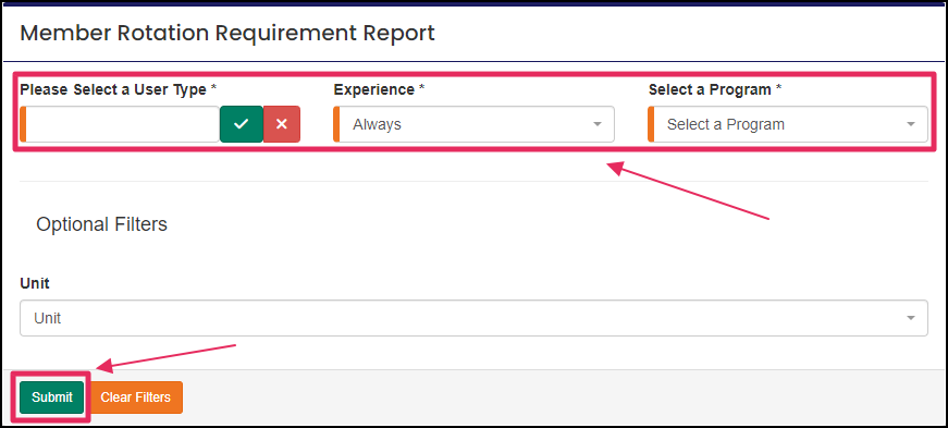 member rotation requirement report fields options available highlighting the submit button