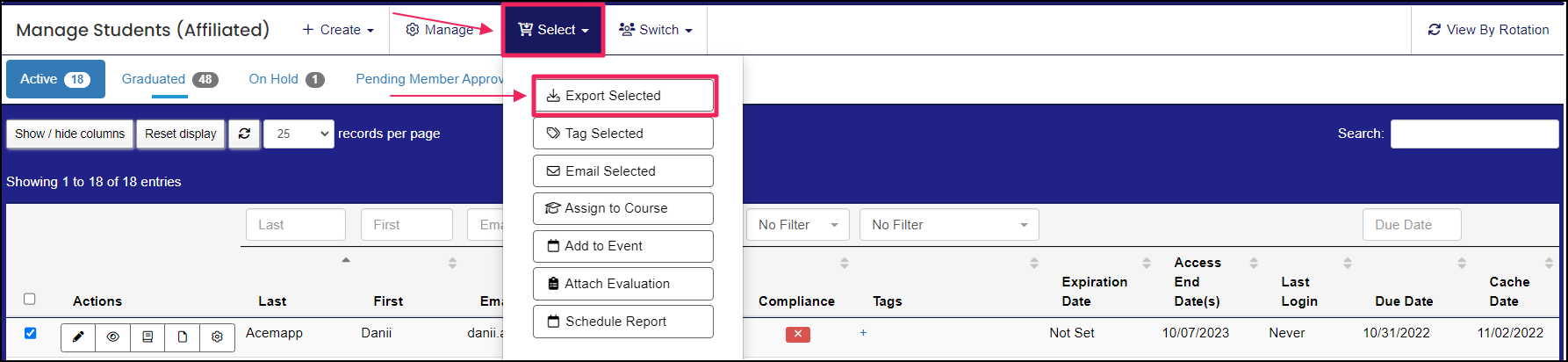 Image shows "Select" dropdown and "Export Selected" button.