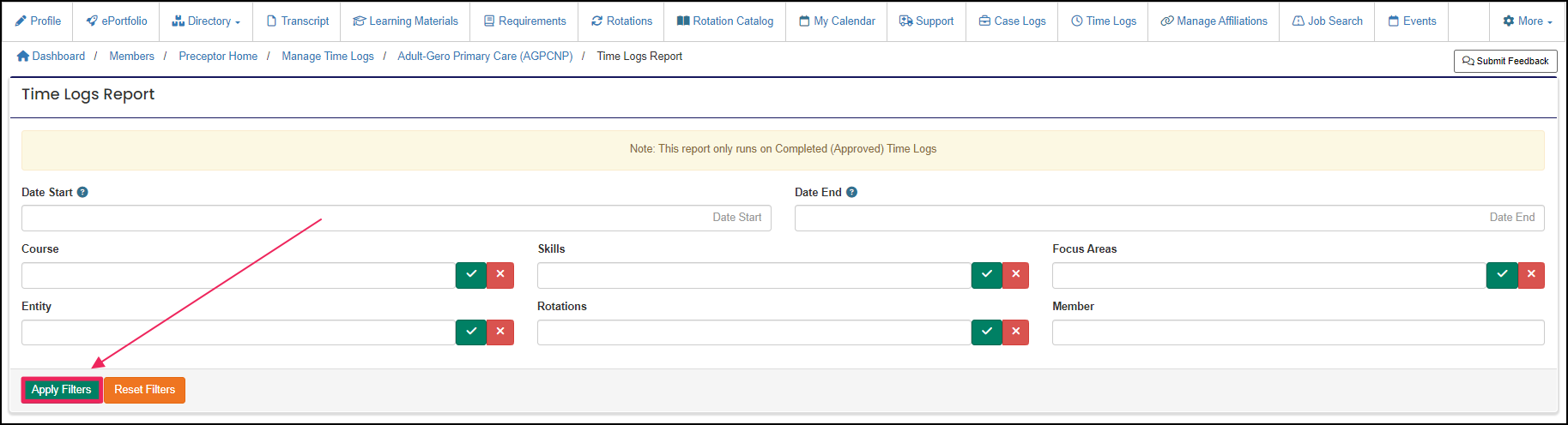 image screenshot filter options to Time Log report