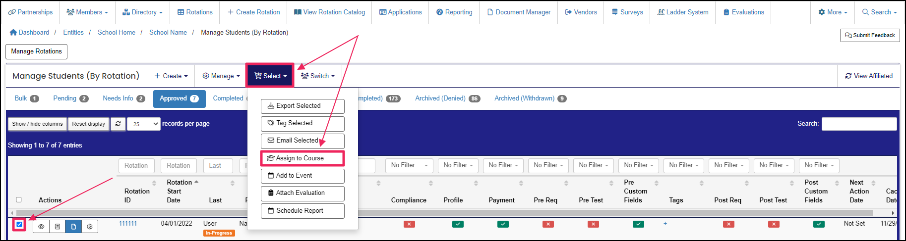 image shows student selected and select to assign to course