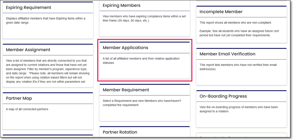 Report dashboard highlighting Member Applications tile