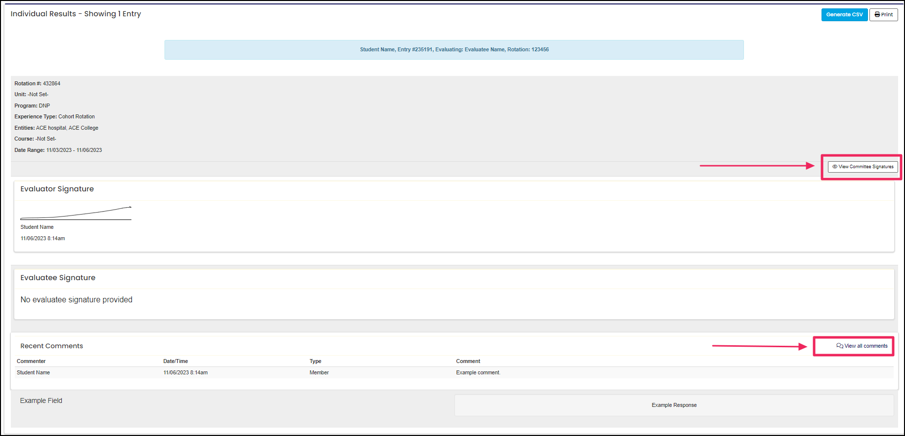 individual evaluation results page highlighting the view all comments and view committee signatures buttons