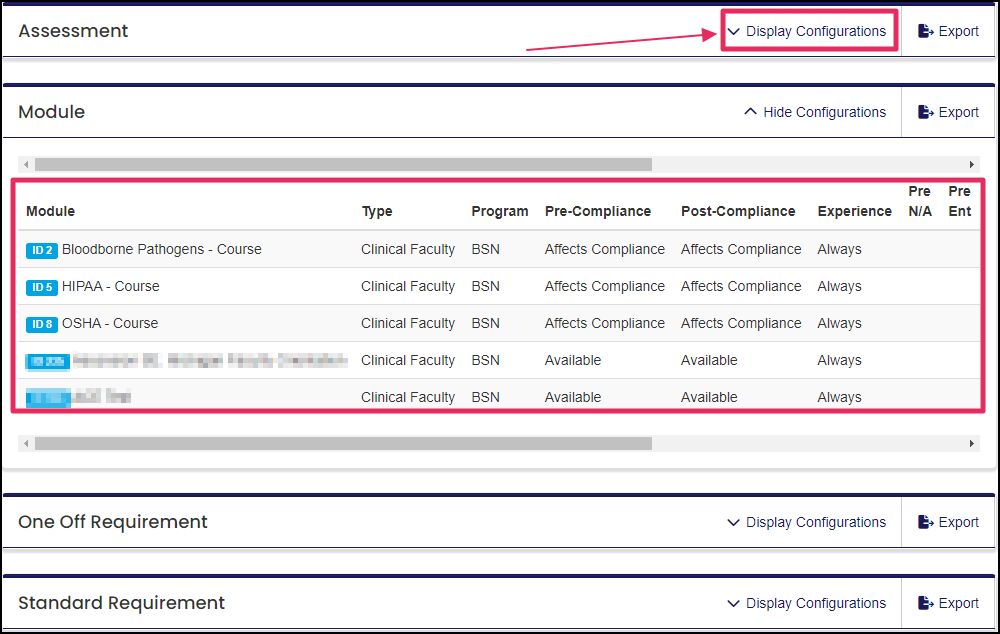report results highlighting Display Configurations button and Module configuration