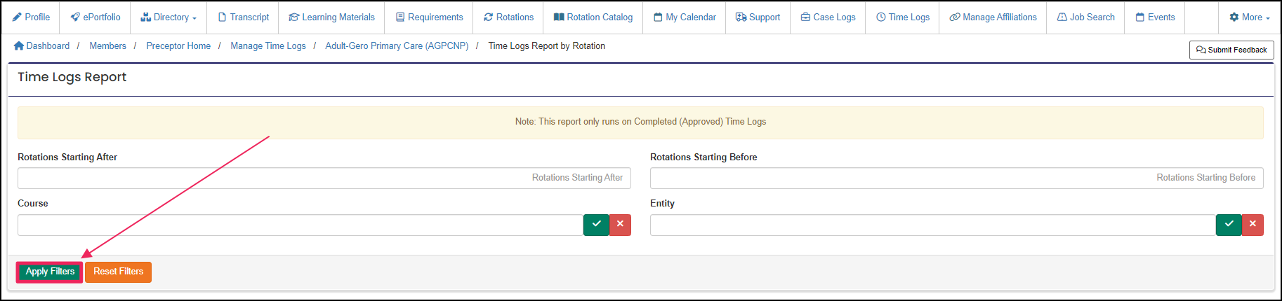 Time Log report highlighting Apply Filters button