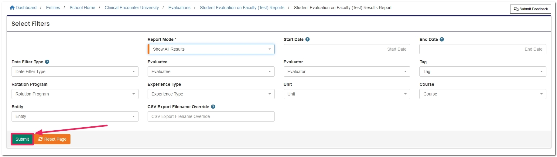 evaluations report filters highlighting Submit button