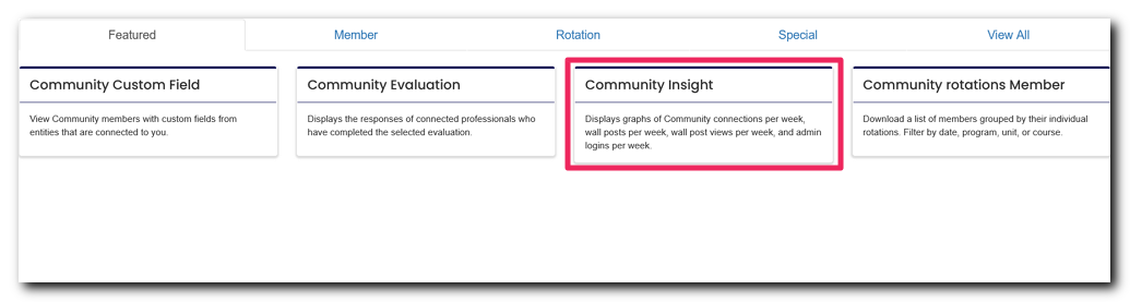 Reporting Dashboard highlighting Community Insight tile