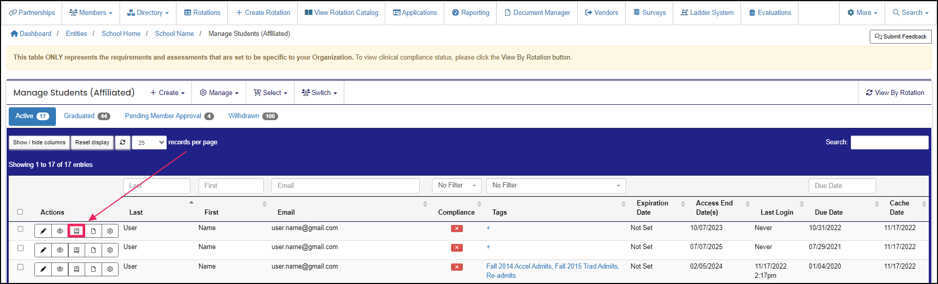 Manage Students by Affiliation table highlighting Requirements button