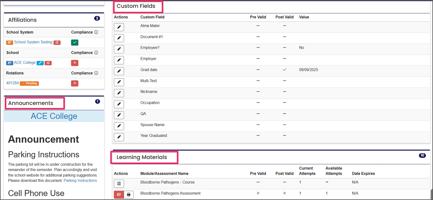 image shows custom fields, announcements, and learning materials on student home page