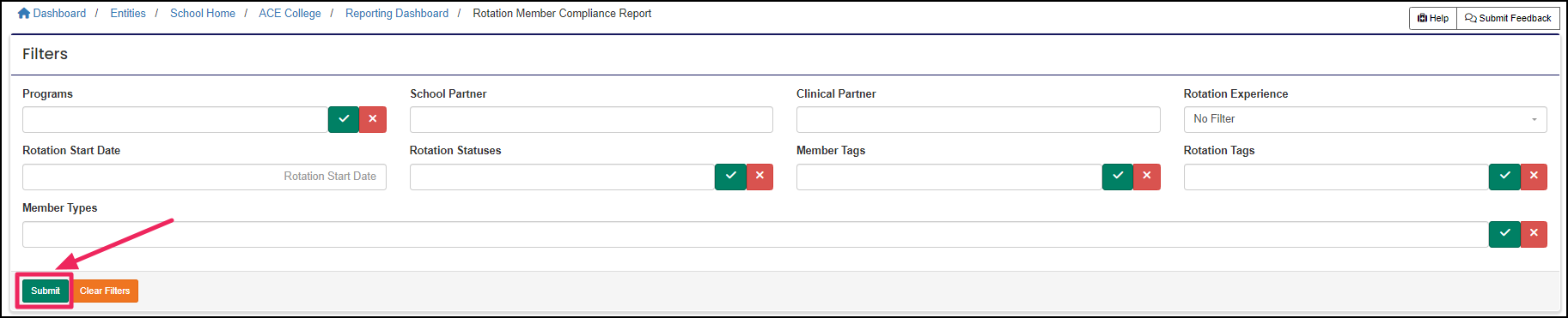 Image shows filters and submit button for rotation member compliance report.