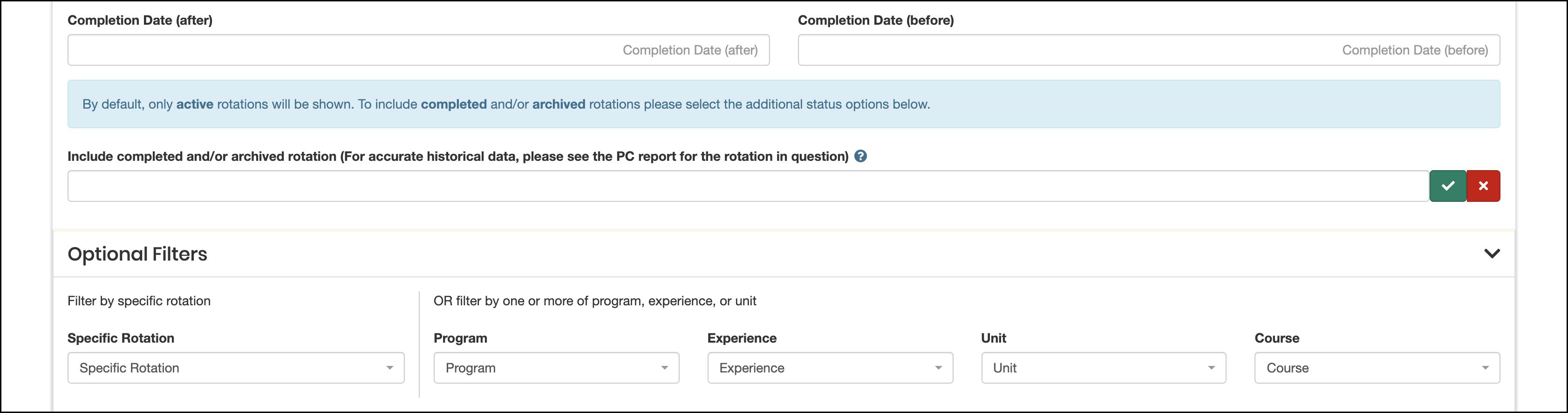 requirement report showing optional filters