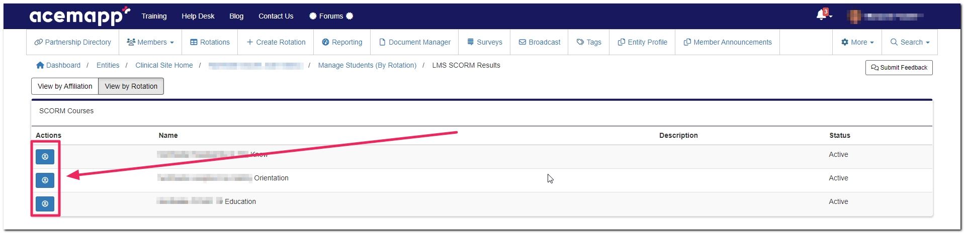 LMS SCORM Results page highlighting view results buttons